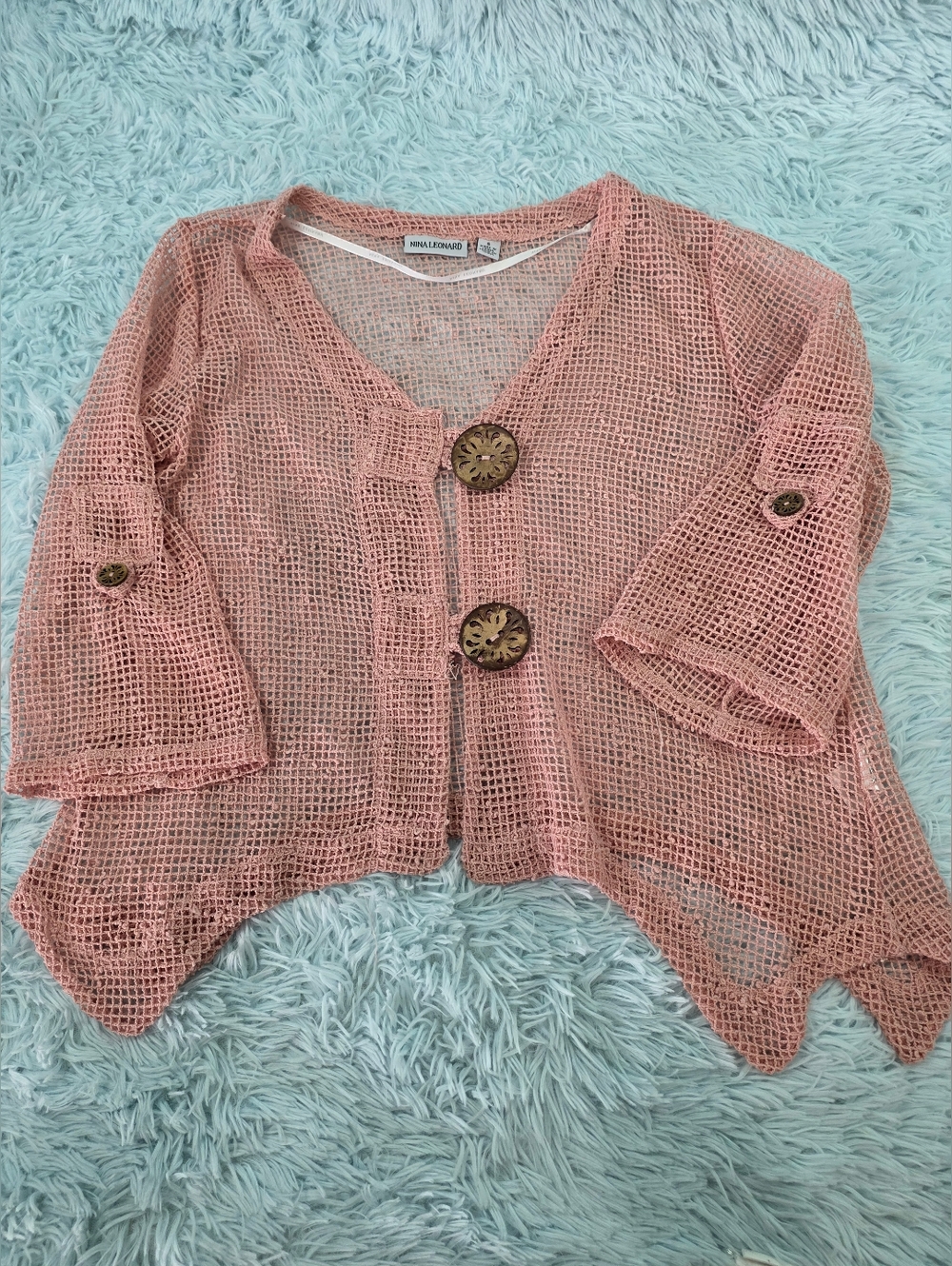 Nina Leonard Peach Open-Knit Bolero Cardigan Asymmetric‎ Hem Size S